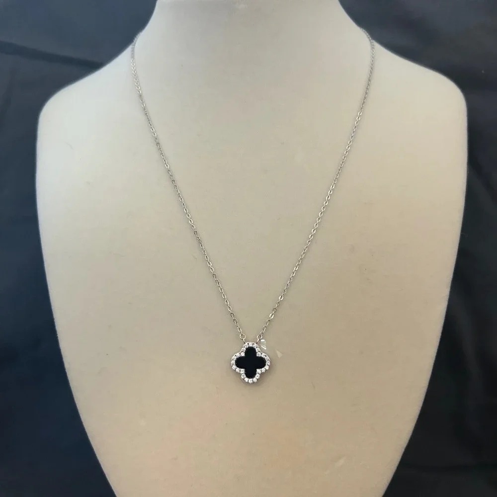 Black Agate 4 Leaf Charm Necklace Sterling Silver 925 CZ Halo Pendant 16-18in